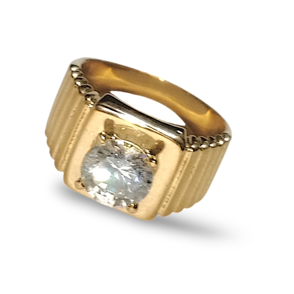 Bold Gold-Tone Ribbed Ring with Clear CZ Stone | Size 13.5 | NWOT